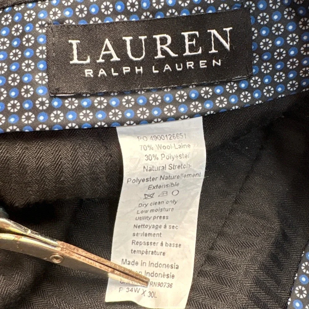 Lauren Ralph Lauren Dress Pants Mens 34x30 Plaid Blue Wool Blend Stretch EUC